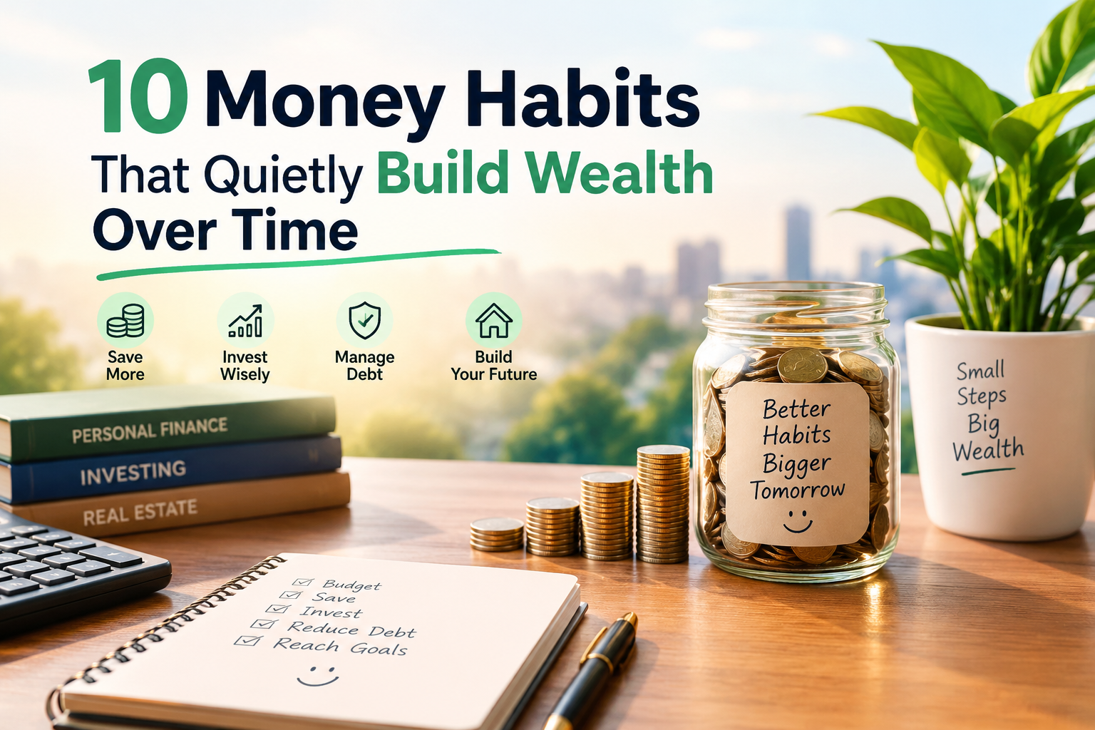 Person planning money habits and personal finances with a budget notebook and calculator to build wealth over time.