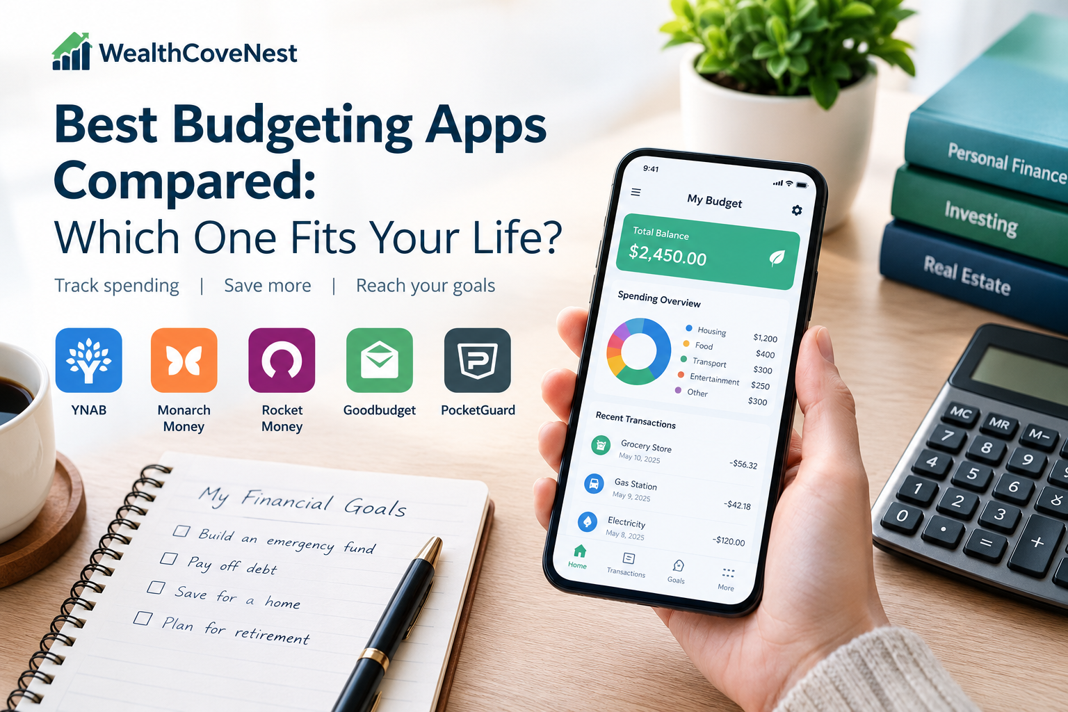 A person comparing budgeting apps on a smartphone beside a notebook and calculator.