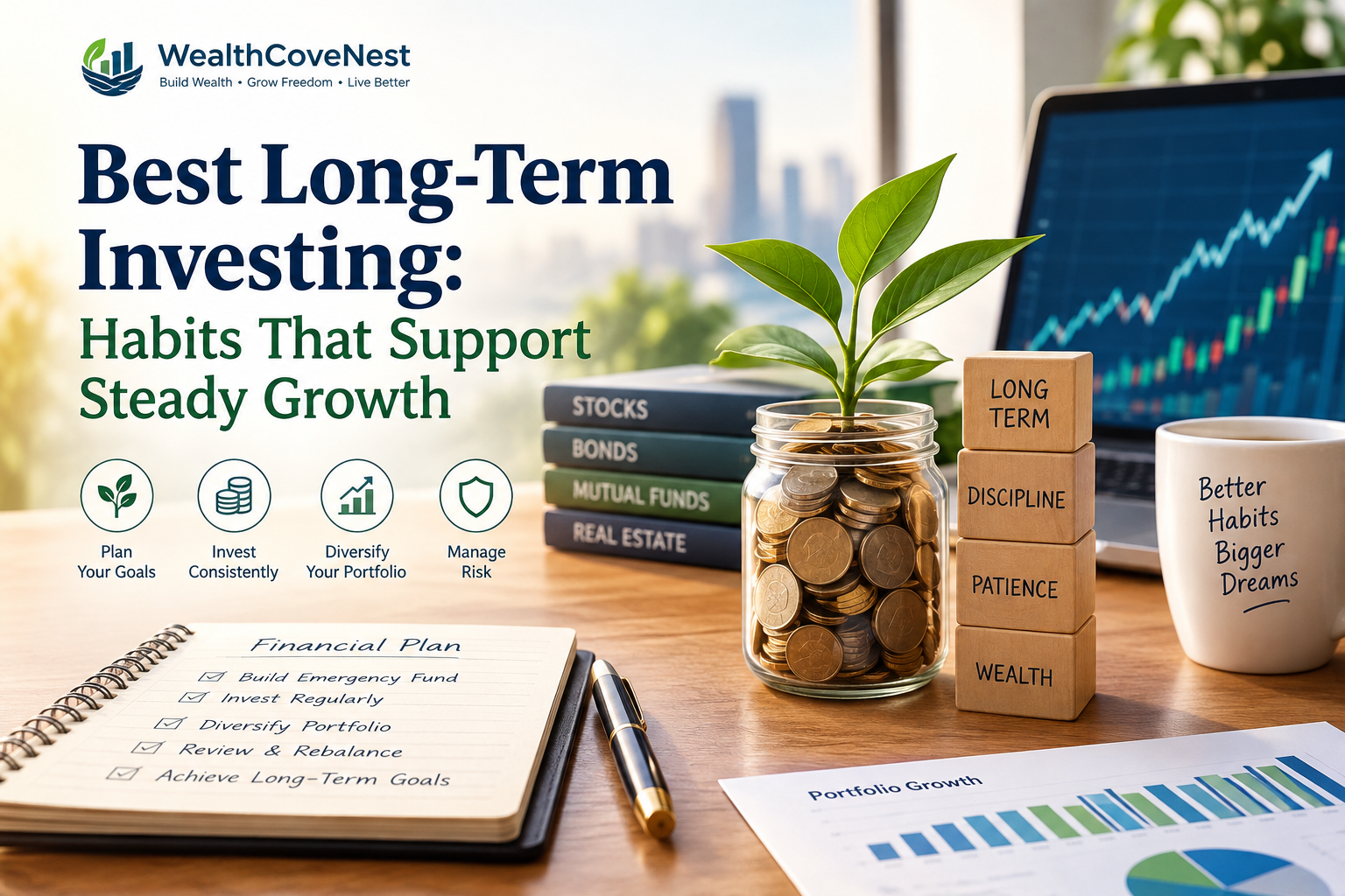 Long-term investing habits with a financial planner notebook calculator and investment charts on a desk.