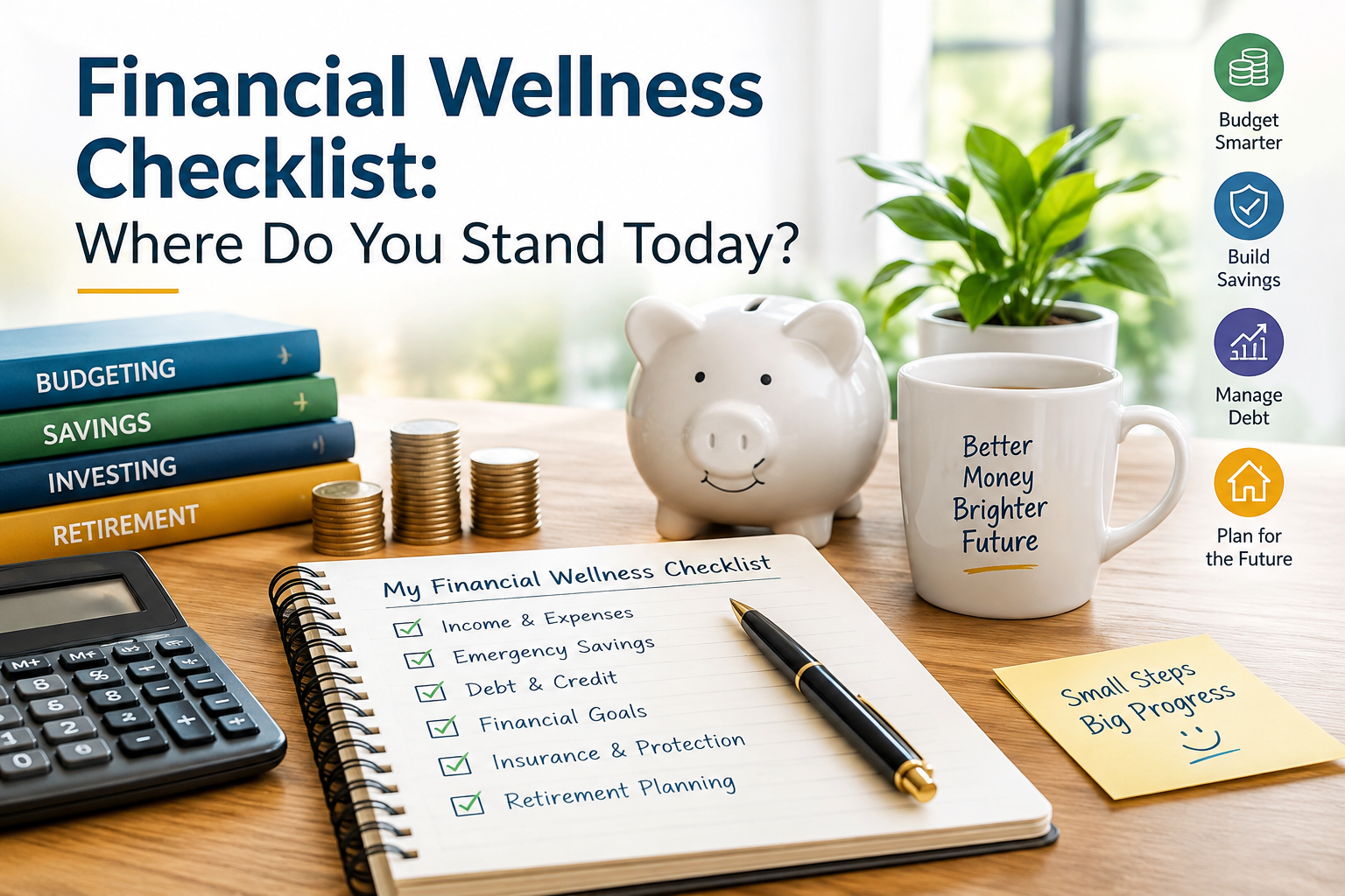 Financial wellness checklist with a budget notebook, savings goals, calculator, and financial planning notes.