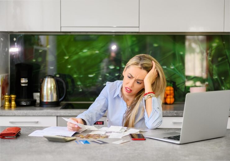 Person planning a monthly budget with irregular income using a notebook, calculator, and savings records.