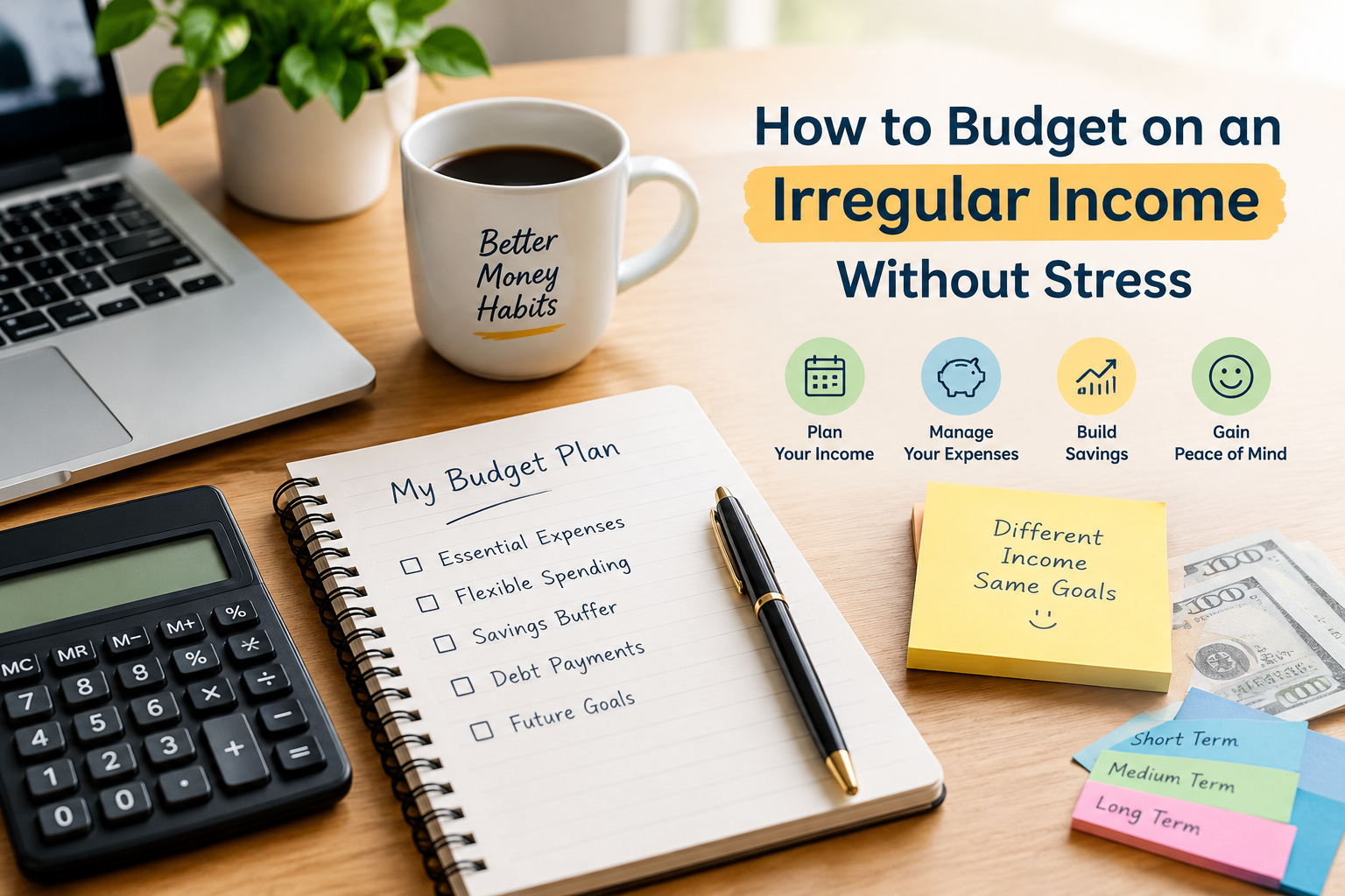 Person planning a monthly budget with irregular income using a notebook, calculator, and savings records.