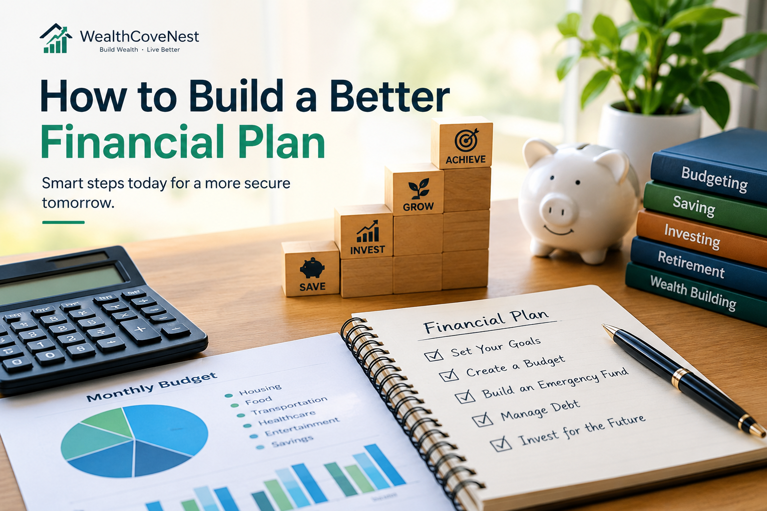 Financial plann notebook with a calculator and pen for budgeting and savings goals