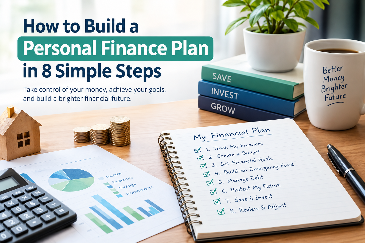 Personal finance plan with a monthly budget savings goals and financial planning notes beside a calculator