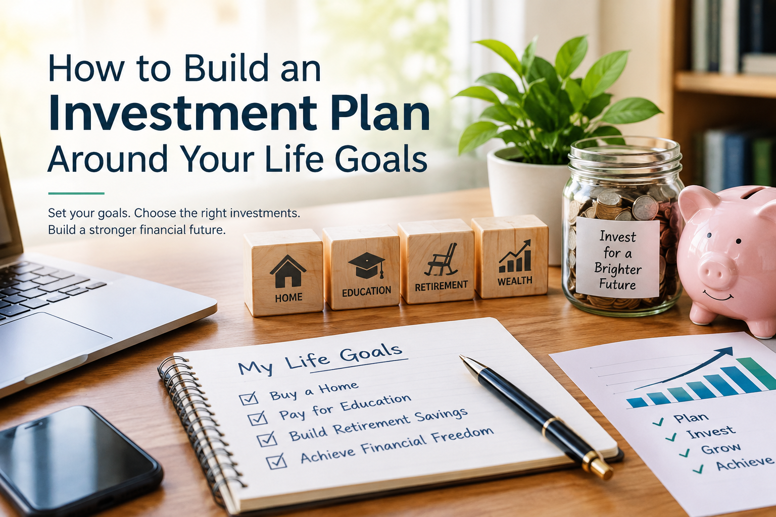 Financial planning notebook with a calculator and pen illustrating an investment plan for long-term life goals.