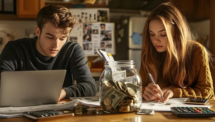 A person organizing personal Finances in Order with a budget planner, calculator, and savings goals on a desk.