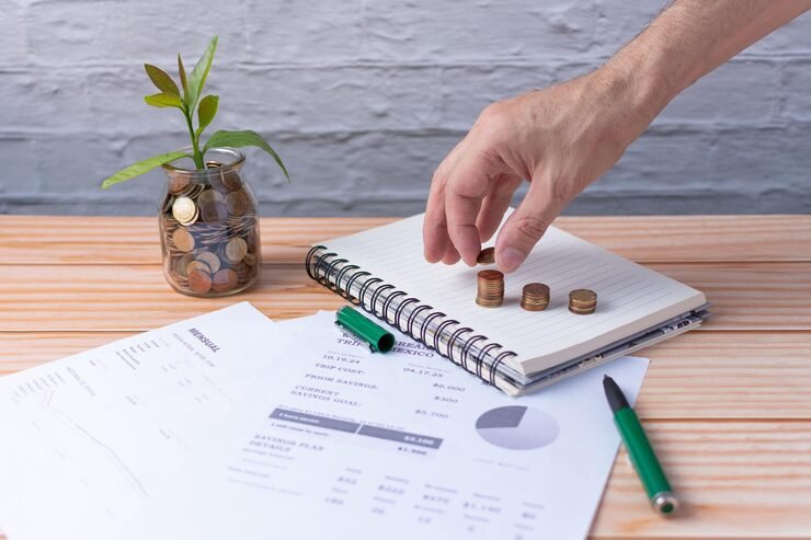 A person organizing personal Finances in Order with a budget planner, calculator, and savings goals on a desk.