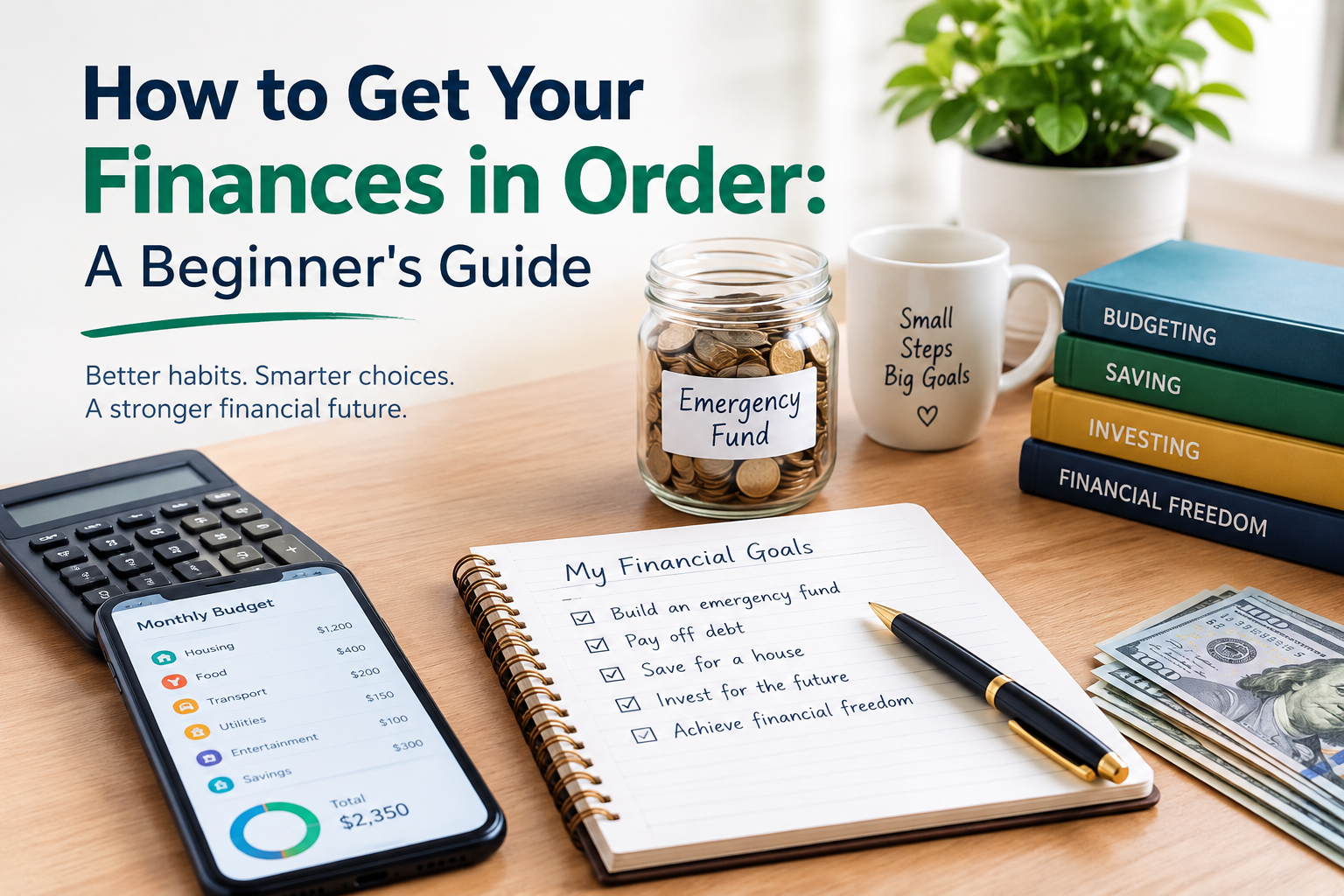 A person organizing personal Finances in Order with a budget planner, calculator, and savings goals on a desk.