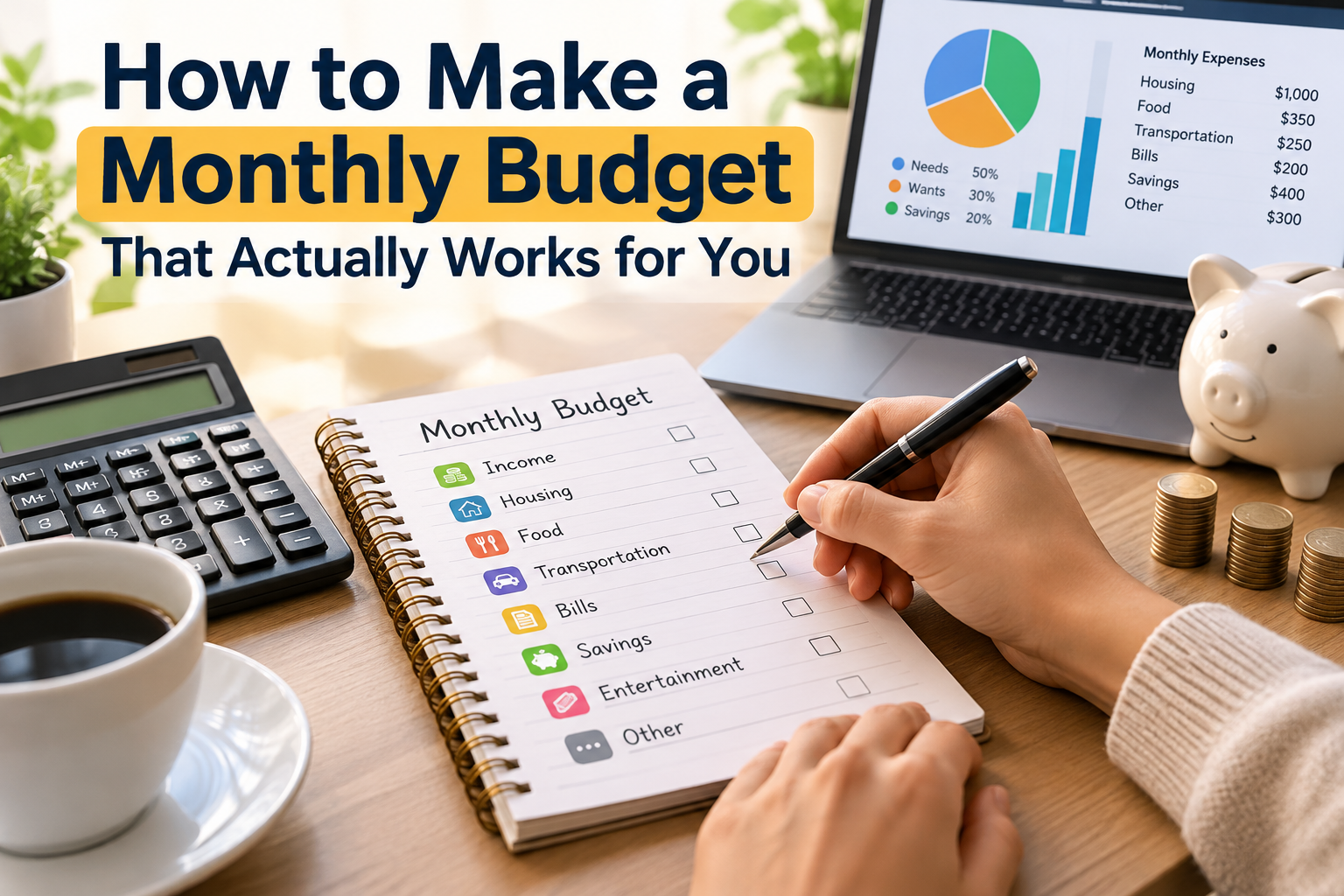 Person planning a monthly budget with a notebook calculator and household expenses