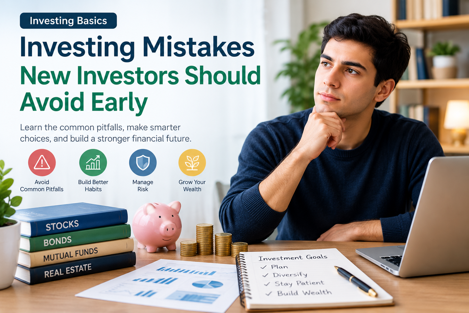 Investing Mistakes for Beginner Investors reviewing stock market charts and financial planning notes at a desk.