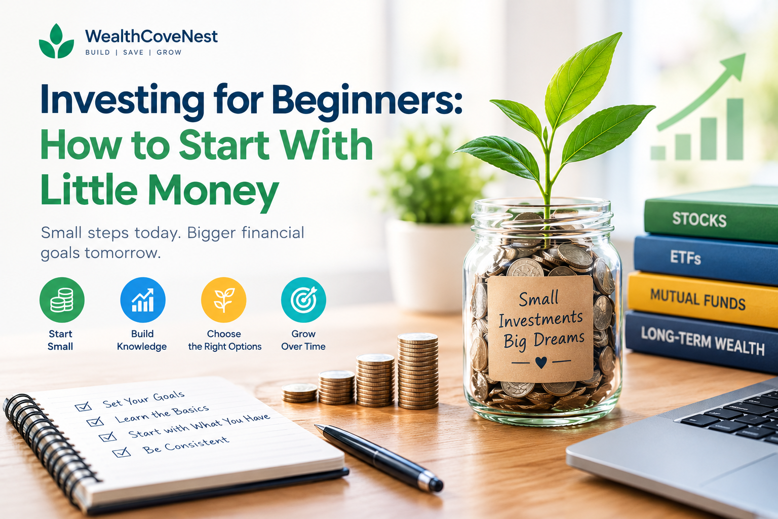 Investing for Beginners learning to invest with a small amount of money using a calculator and financial planning notebook.