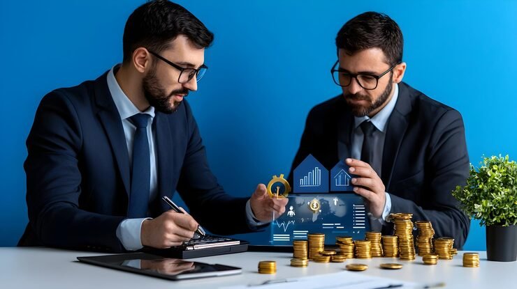 Investing vs saving comparison with a savings jar, coins, financial planning notebook and investment charts