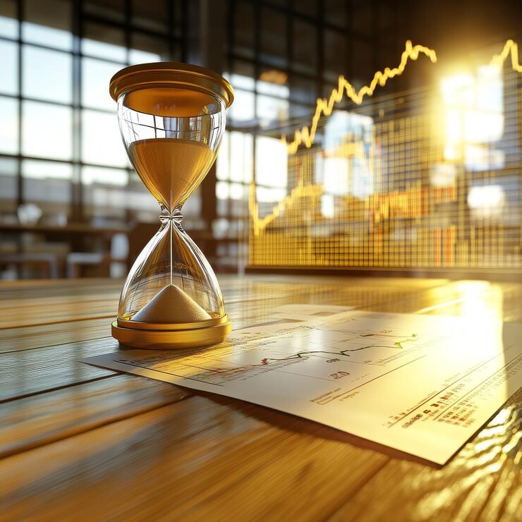 Investing vs saving comparison with a savings jar, coins, financial planning notebook and investment charts