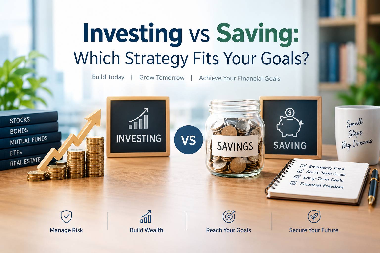Investing vs saving comparison with a savings jar, coins, financial planning notebook and investment charts