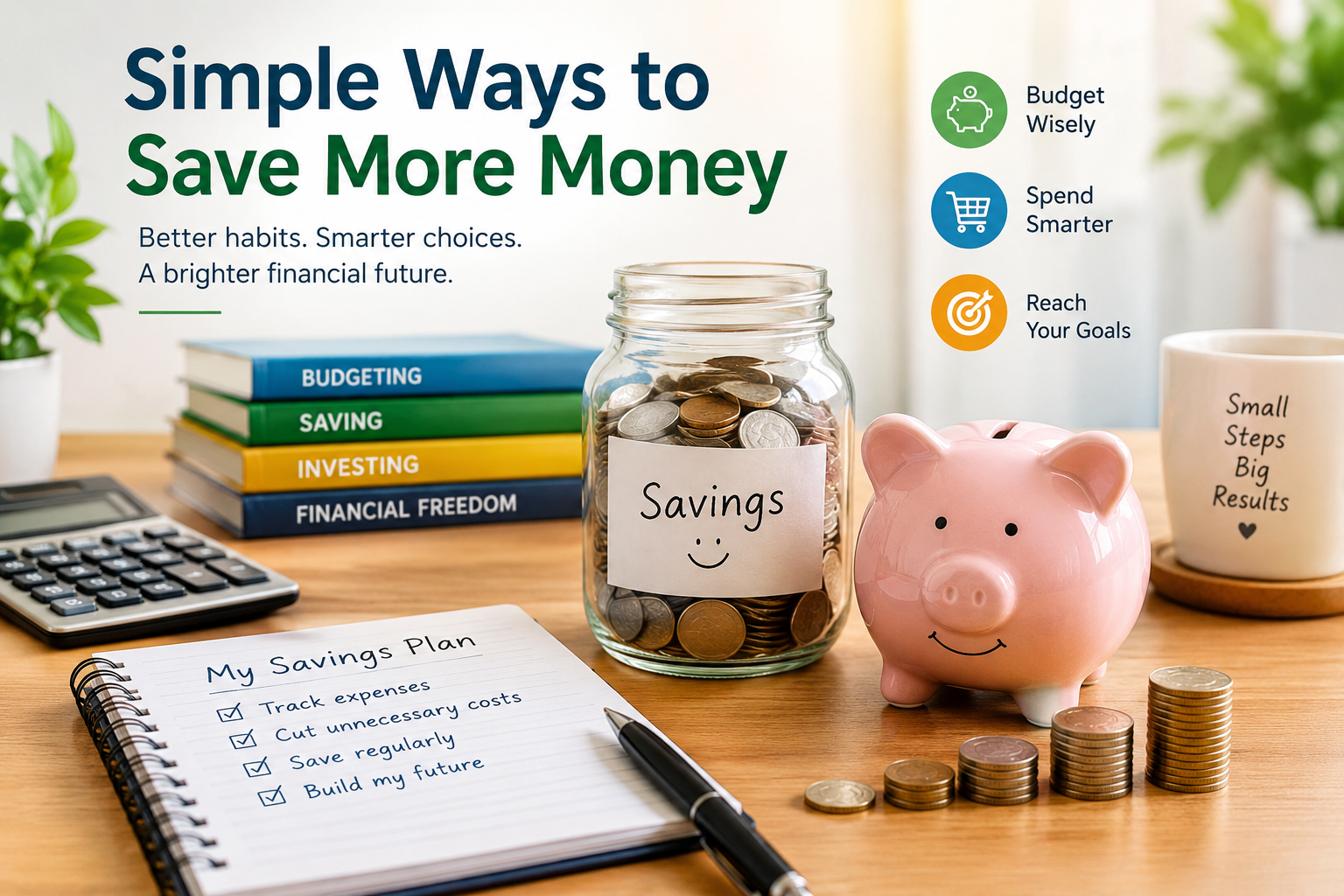 Simple ways to save more money with a budget notebook, savings jar, calculator and financial planning tools.