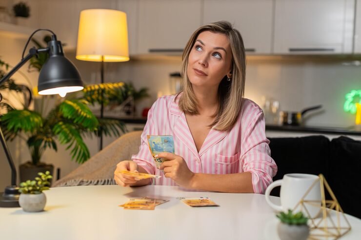 Money Habits: A person planning personal finances with a notebook calculator and savings goals on a desk