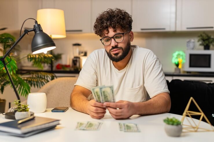 Money Habits: A person planning personal finances with a notebook calculator and savings goals on a desk
