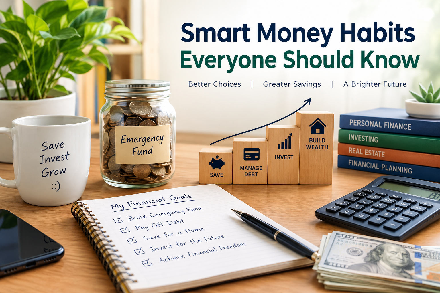 Money Habits: A person planning personal finances with a notebook calculator and savings goals on a desk