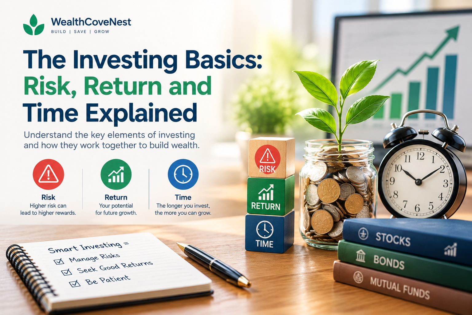 Investing basics explained with risk, return and time horizon concepts on a financial planning desk